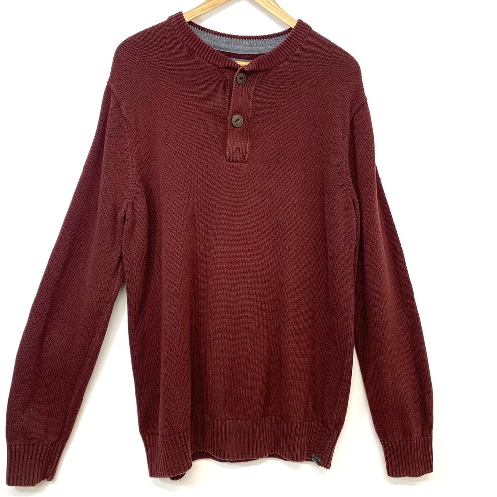 Eddie Bauer Mens Tall Large Burgundy Cotton Knit 2-Button Henley Sweater Classic